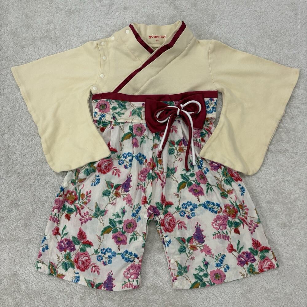 NYAN CAT Baby Girl 80cm Japanese Kimono Hakama Romper Floral Hinamatsuri 12-18mo
